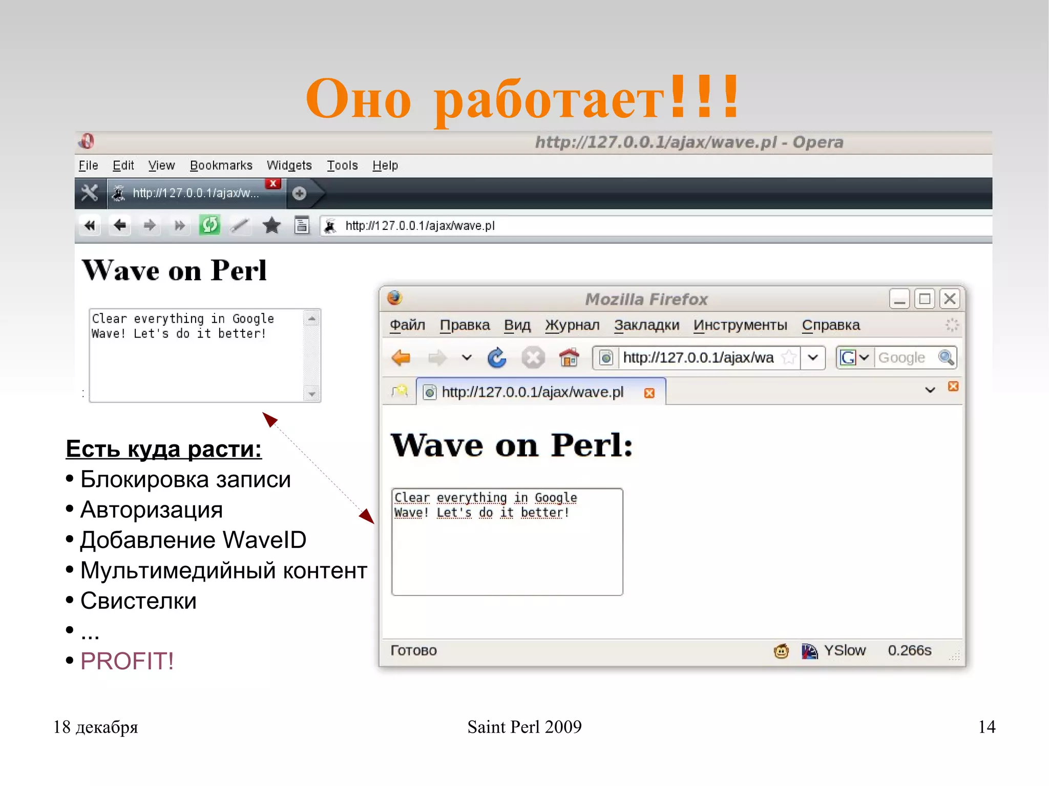 Оно работает!!! Есть куда расти: Блокировка записи Авторизация Добавление WaveID Мультимедийный контент Свистелки ... PROFIT! 