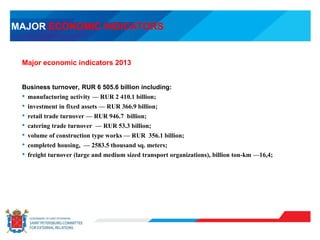 MAJOR ECONOMIC INDICATORS
Major economic indicators 2013
Business turnover, RUR 6 505.6 billion including:
• manufacturing activity — RUR 2 410.1 billion;
• investment in fixed assets — RUR 366.9 billion;
• retail trade turnover — RUR 946.7 billion;
• catering trade turnover — RUR 53.3 billion;
• volume of construction type works — RUR 356.1 billion;
• completed housing, — 2583.5 thousand sq. meters;
• freight turnover (large and medium sized transport organizations), billion ton-km —16,4;
 