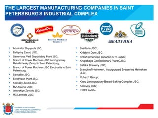 THE LARGEST MANUFACTURING COMPANIES IN SAINT
PETERSBURG'S INDUSTRIAL COMPLEX
• Admiralty Shipyards JSC;
• Baltiysky Zavod JSC;
• Severnaya Verf Shipbuilding Plant JSC;
• Branch of Power Machines JSC Leningradsky
Metallichesky Zavod in Saint Petersburg;
• Branch of Power Machines JSC Electrosila in Saint
Petersburg;
• Sevcable JSC;
• Electropult Plant JSC;
• Kirovsky Zavod JSC;
• MZ Arsenal JSC;
• Izhorskiye Zavody JSC;
• HC Leninets JSC;
• Svetlana JSC;
• Khlebny Dom JSC;
• British American Tobacco SPB CJSC;
• Krupskaya Confectionary Plant CJSC
• Baltika Brewery JSC;
• Branch of Heineken, Incorporated Breweries Heineken
LLC;
• Rubezh Group;
• Kirov Leningradsky Bread-Baking Complex JSC;
• Karavay JSC;
• Petro CJSC.
 