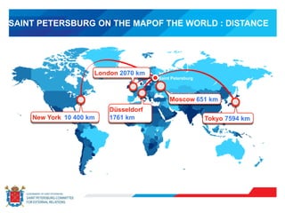 Saint Petersburg
Moscow
Tokyo
Düsseldorf
London
New York 7594 km
651 km
2070 km
10 400 km 1761 km
SAINT PETERSBURG ON THE MAPOF THE WORLD : DISTANCE
 