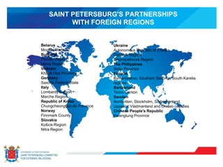 SAINT PETERSBURG'S PARTNERSHIPS
WITH FOREIGN REGIONS
Belarus
Mogilev Region
Bulgaria
Plovdiv Region
Varna Region
Vietnam
Khanh Hoa Province
Germany
Saxony Federal State
Italy
Lombardy Region
Marche Region
Republic of Korea
Chungcheongbuk-do Province
Norway
Finnmark County
Slovakia
Košice Region
Nitra Region
Ukraine
Autonomous Republic of Crimea
Donetsk Region
Dnipropetrovsk Region
The Philippines
Sebu Province
Finland
Kymenlaakso, Southern Savonia, South Karelia
regions
Switzerland
Ticino Canton
Sweden
Norrbotten, Stockholm, Södermanland,
Uppsala, Västmanland and Örebro counties
Chinese People's Republic
Kwangtung Province
 