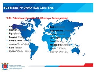 BUSINESS INFORMATION CENTERS
• Kiev (Ukraine)
• Kharkiv (Ukraine)
• Riga (Latvia)
• Rakvere (Estonia)
• Kohtla-Järve (Estonia)
• Astana (Kazakhstan)
• Haifa (Israel)
• Guilford (United Kingdoom)
16 St. Petersburg Information and Business Centers Abroad
• Turku (Finland)
• Hämeenlinna (Finland)
• Kotka (Finland)
• Jyväskylä (Finland)
• Oslo (Norway)
• Melbourne (Australia)
• Vilnius (Lithiania)
• Yerevan (Armenia)
 
