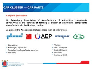 CAR CLUSTER — CAR PARTS
Car parts production
St. Petersburg Association of Manufacturers of automotive components
(SPbAPAC) is the concept of forming a cluster of automotive components
manufacturers in the Northern capital.
At present the Association includes more than 50 enterprises.
• Eberspächer;
• Kvenberger Logistics Rus
• Toyota Boshoku;Toyota Tsusho Machinery;
• АЕР plant;
• Vlankas;
• SPAZ Plaza plant;
• Kvadrat SG plant;
• АЕР plant;
• Interkos-IV CJSC.
 