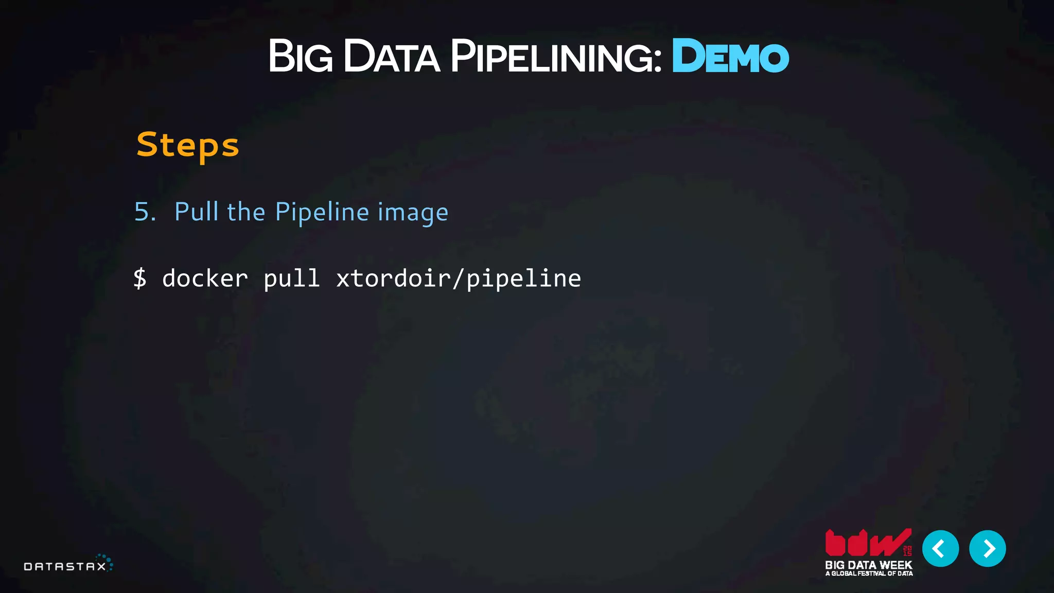 Big Data Pipelining: Demo
Steps
5.  Pull the Pipeline image
$	
  docker	
  pull	
  xtordoir/pipeline	
  
 