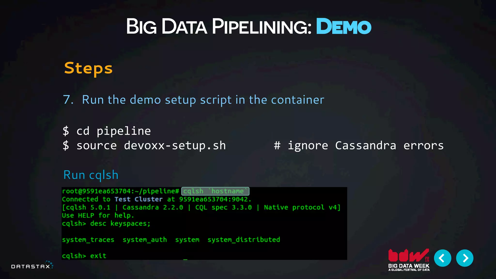 Big Data Pipelining: Demo
Steps
7.  Run the demo setup script in the container
$	
  cd	
  pipeline	
  
$	
  source	
  devoxx-­‐setup.sh	
  	
  	
  	
  	
  	
  	
  #	
  ignore	
  Cassandra	
  errors	
  
	
  
Run cqlsh
 