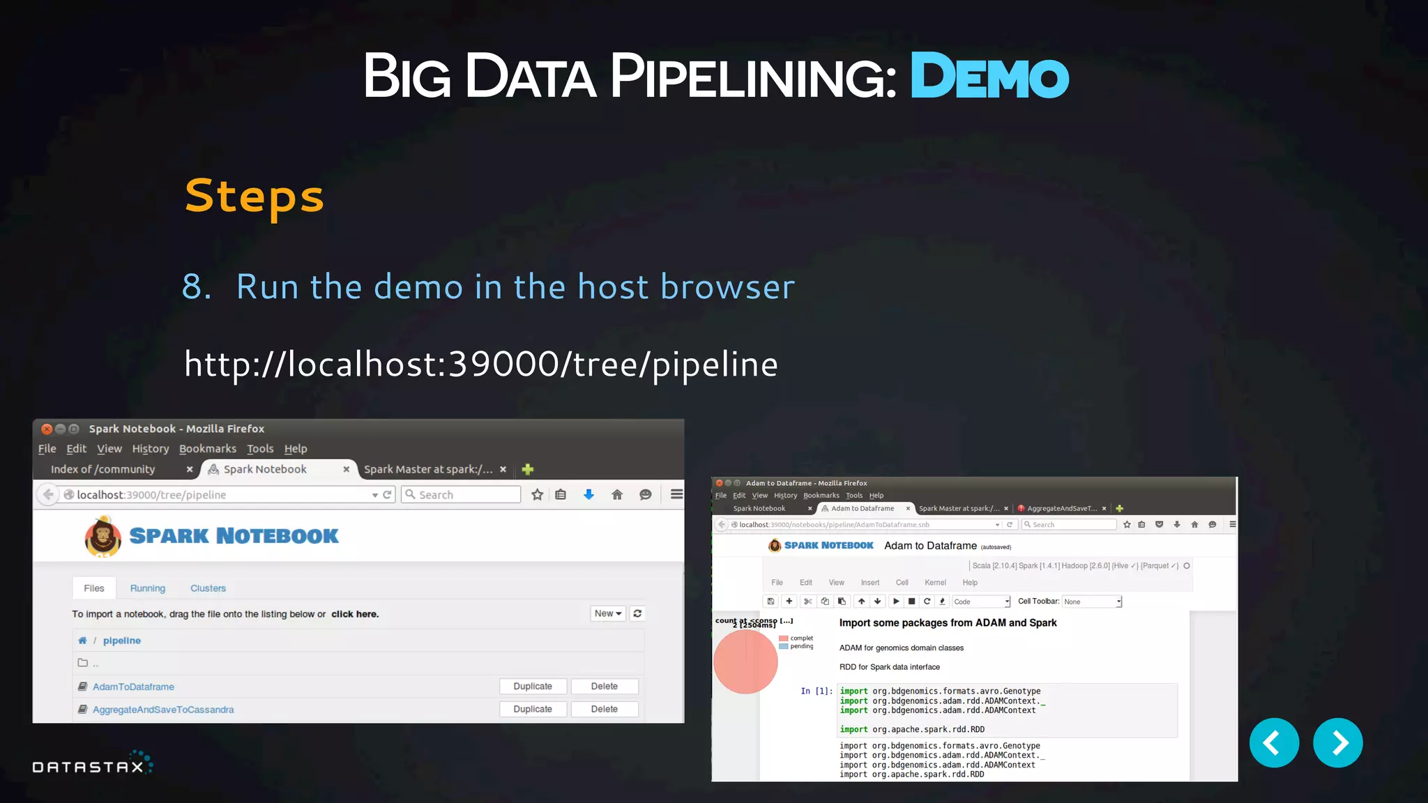 Big Data Pipelining: Demo
Steps
8.  Run the demo in the host browser
http://localhost:39000/tree/pipeline
 