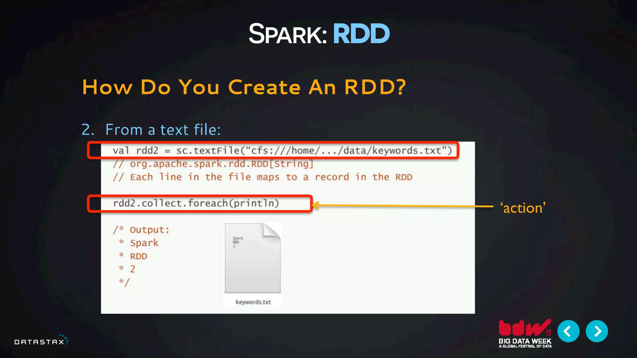 Spark: RDD
How Do You Create An RDD?
2.  From a text file:
‘action’
 