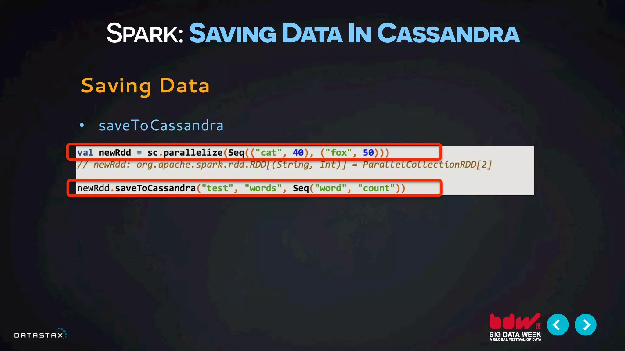 Spark: Saving Data In Cassandra
Saving Data
•  saveToCassandra
 