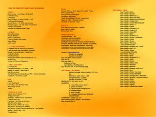 LIST OF PRESENTATIONS IN ENGLISH
CHRIST
Resurrection – according to the gospels
Christ the King
Christ lives
Body of Christ - Corpus Christi 1,2,3,4
Christ and his Kingdom
Sacred Heart 1 + 2 – bible and doctrine –
Haurietis aquas – the cult of the Sacred Heart
Vocation to beatitude
Vocation to evangelize with Christ
CHURCH
Divine Revelation
Priestly Ministry
Human Community
Church, Mother and Teacher
Signs of hope
youth synod
CULTURE and HISTORY
Columbus and the discovery of America
Confraternities and processions– Hispanic
Diwali – Festival of lights – Hindi feast
Football in Spain
President Trump
Russian Revolution and Communism 1, 2, 3
Sevilla's fair
Virgen del Pilar and Hispanicity
FAMILY, CHILDREN
Grandparents
Love and Marriage 1,2,3 – 4,5,6 – 7,8,9
Dignity of women – John Paul II
God of Love (sex)
World Meeting of Families Rome 2022 – festival of families
Familiaris Consortium 1,2,3,4
GOD
Angels
Come Holy Spirit
God is Love 1,2– Benedict XVI
Man, image of God
Trinity
LITURGICAL YEAR
Advent and Christmas, 1 + 2
All departed souls
All Saints – Halloween for Christians
Carnival and Lent
Christmas – the birth of our Lord
Holy Week for adults
Holy Week for children 8+ years
Holy Week - drawings for children
Holy Week – Views of the last hours of JC – the passion
Sunday – Lord's Day – JP2
Thanksgiving
POPE FRANCIS – TRAVEL
Pope Francis in Africa
Pope Francis in America
Pope Francis in Bahrain 1+ 2
Pope Francis in Brazil WYD 2013
Pope Francis in Bulgaria and Macedonia
Pope Francis in Canada 1,2,3
Pope Francis in Central African Republic
Pope Francis in Chile 1 + 2
Pope Francis in Cyprus
Pope Francis in Colombia 1 + 2
Pope Francis in Congo 1+ 2
Pope Francis in Cuba 2015
Pope Francis in Egype
Pope Francis in Slovakia 1 + 2
Pope Francis in Europe – parliament
Pope Francis in Fatima
Pope Francis in Greece
Pope Francis in Holy Land,
- Israel, Palestine Jordan
Pope Francis in Hungary 2021 + 2023
Pope Francis in Iraq 1,2,3
Pope Francis in Ireland
– world meeting of families
Pope Francis in Kenya
Pope Francis in Japan
Pope Francis in Kazakhstan 1+ 2
Pope Francis in Malta
Pope Francis in Mexico
Pope Francis in Mexico 2016
Pope Francis in Mongolia
Pope Francis in Morocco
Pope Francis in Panama – WYD 2019
Pope Francis in Peru
Pope Francis in Poland - Auschwitz
Pope Francis in Poland WYD 2016
Pope Francis in Portugal 2021 + WYD 2023
Pope Francis in Romania – canonizes martyrs
Pope Francis in Sudan
Pope francis in Sweden
Pope Francis in Thailand
Pope Francis in Uganda
Pope Francis in United Arab Emirates
MARIA
Fatima – History of the Apparitions of the Virgin
Mary and the Bible
Mary Doctrine and Dogmas
Medjugore pilgrimage
Virgin of Guadalupe, Mexico – apparitions
Virgen de Pilar – Hispanic festival
Our Lady of Sheshan, China
SCIENCE
Mars Rover Perseverence – Spanish
Juno explores Jupiter
Parker Solar Test
MORAL AND ETHICAL
Christian holidays - JP2
Conscience, human community,
human freedom and salvation
justification and grace, Life in Christ, merit and holiness
moral law, Morality of human acts, Passions, Sin, Sincerity
social justice, Social Life – participation, Virtue, vice
United Nations and the Universal Declaration of Human Rights
Human Dignity – declaration of dicastery for doctrine of faith
Vocation – www.vocation.org
Vocation to evangelize
Vocation to beatitude
Pope John XXIII – Peace on Earth
Pope Paul VI
Pope Juan Pablo II –
Redeemer of man,
Karol Wojtyla + Pontificado 1+2
Pope Benedict XVII - in Germany WYD 2005
POPE FRANCIS – DOCUMENTS
love and marriage - Amoris Laetitia – 1.2 – 3.4 –
5.6
Christ lives - 1,2,3 – 4,5,6 – 7,8,9
Evangelii Gaudium 1,2,3,4,5
Gaudete et Exultate 1,2,3,4,5
FRATELLI TUTTI - 1,2 – 3,4,5 – 6,7,8
LAUDATE Sii
1 – care of the common home
2 – gospel of creation
3 – The root of the ecological crisis
4 – integral ecology
5 – lines of action
6 – Ecological Education and Spirituality
LAUDATE DEUM
LUMEN FIDEI – chapter 1,2, - 3,4
Misericordiae Vultus in Spanish – Face of Mercy
Dear Amazonia 1,2,3,4
 