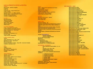 LISTA de PRESENTACIONES en ESPAÑOL
CRISTO
Resurrección – según los evangelios
Cristo Rey
Cristo vive
Cuerpo de Crito - Corpus Christi 1,2,3,4
Cristo y su Reino
Sagrado Corazón 1 + 2 – biblia y doctrina–
Haurietis aquas – el culto del Sagrado Corazón
Vocación a la bienaventuranza
Vocación a evangelizar con Cristo
IGLESIA
Revelacíon Divina
Ministerio sacerdotal
Comunidad humana
Iglesia, madre y maestra
Signos de esperanza
Sinodo jovenes
CULTURAY HISTORIA
Colón y el descubriento de America
Confraternitdades y processiones– Hispanic
Diwali – Festival de luz – Fiesta Hindi
Futbol en España
Presidente Trump
Revolución y el Comunismo 1, 2, 3
Feria de Sevilla
Virgen del Pilar y Hispanicidad
FAMILIA, HIJOS, NIÑOS
Abuelos
Amor y Matrimonio 1,2,3 – 4,5,6 – 7,8,9
Dignidad de la mujer – John Paul II
Dios de Amor (sexo)
Encuentro Mundial de Familias - Roma 2022 – festival de ls familias
Familiaris Consortium 1,2,3,4
DIOS
Angeles
Ven Espiritu Santo
Dios es Amor 1,2– Benedicto XVI
El hombre, imagen de Dios
Trinidad
AÑO LITURGICO
Adviento y Navidad 1 + 2
Todos las Almas
Todos los Santos– Halloween para Cristianos
Carnival y Cuaresma
Navidad– el nacimiento del Señor
Semana Santa para adullos
Semana Santa para niños 8+ años
Semana Santa – dibujos para niños
Semana Santa– Vistas de las ultimas oras de JC – La Pasión
Domingo– Dia del Señor – JP2
Accion de Gracias - Thanksgiving
MARIA
Fátima – Historia de las Aparitciones de la Virgen
Maria y la Biblia
Maria Doctrina y Dogmas
Medjugore peregrinación
Virgen de Guadalupe, Mexico – aparitciónes
Virgen del Pilar –festival hispanica
Nuestra Señora de Sheshan, China
SCIENCE
Mars Rover Perseverence – Spanish
Juno explora Jupiter
Parker Sonda Solar
MORAL Y ETICA
Vacaciones Cristianos - JP2
Conciencia, Comunidad Humana, Libertad Humana y Salvacion
Justificación y gracia, Vida en Cristo, Merito y Santidad, Ley
moral
Moraliidad de actos humanos, Pasiones, Pecado , Sinceridad
Justicia social ,Vida Social– participacion,Virtud
Las Naciones Unidas y la declaración universal de los derechos
humanos.
Dignidad Humana – declaracion del dicasterio por la doctrina
de la fe
Vocación– www.vocation.org
Vocación a evangelizar
Vocación a la bienaventuranza
Papa John XXIII – Paz en la tTerra
Papa Paul VI
Papa Juan Pablo II –
Redentor del hombre,
Karol Wojtyla + Pontificado 1+2
Papa Benedicto XVII – en Alemania JMJ 2005
PAPA FRANCISCO – DOCUMENTOS
Amor y matrimonio- Amoris Laetitia – 1.2 – 3.4 –
5.6
Cristo vive - 1,2,3 – 4,5,6 – 7,8,9
Evangelii Gaudium 1,2,3,4,5
Gaudete et Exultate 1,2,3,4,5
FRATELLI TUTTI - 1,2 – 3,4,5 – 6,7,8 (somos todos hermanos)
LAUDATE Sii
1 – cuidado de la casa común
2 – evangelio de la creación
3 – la raiz de la crisis ecologica
4 – ecologia integral
5 – lineas de acción
6 –Educación y Espiritualidad Ecological
LAUDATUM DEUM
LUMEN FIDEI – capitulo 1,2, - 3,4
Misericordiae Vultus in Spanish – Rostro del Perdón
Querida Amazonia 1,2,3,4
PAPA FRANCISCO – VIAJES
Papa Francisco en Africa
Papa Francisco en America
Papa Francisco en Bahrain 1+ 2
Papa Francisco en Brazil WYD 2013
Papa Francisco en Bulgaria and Macedonia
Papa Francisco en Canada 1,2,3
Papa Francisco en Central African Republic
Papa Francisco en Chile 1 + 2
Papa Francisco en Chipre
Papa Francisco en Colombia 1 + 2
Papa Francisco en Congo 1+ 2
Papa Francisco en Cuba 2015
Papa Francisco en Egypto
Papa Francisco en Eslovaqiia 1 + 2
Papa Francisco en Europa – parliamento
Papa Francisco en Fatima, Portugal
Papa Francisco en Grecia
Papa Francisco en Tierra Santa, Israel, Palestine Jordan
Papa Francisco en Hungria 2021 + 2023
Papa Francisco en Iraq 1,2,3
Papa Francisco en Ireanda – encuentro mundial de familias
Papa Francisco en Kenia
Papa Francisco en Japón
Papa Francisco en Kazaquistan 1+ 2
Papa Francisco en Malta
Papa Francisco en Marruecos
Papa Francisco en México
Papa Francisco en México 2016
Papa Francisco en Mongolia
Papa Francisco en Panama – JMJ 2019
Papa Francisco en Peru
Papa Francisco en Polonia- Auschwitz
Papa Francisco en Polonia – JMU - 2016
Papa Francisco en Portugal 2021 + JMJ 2023
Papa Francisco en Romania – canoniza mártires
Papa Francisco en Sudan
Papa Francisco en Suecia
Pope Francis en Tailandiia
Papa Francisco en Uganda
Papa Francisco en United Arab Emirates
 