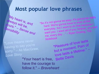 Most popular love phrases




  "Your heart is free,
  have the courage to
  follow it." – Braveheart
 