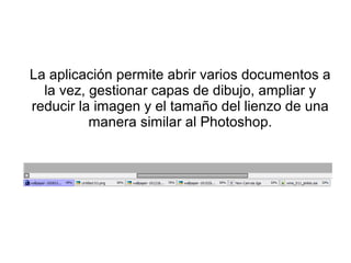 La aplicación permite abrir varios documentos a
  la vez, gestionar capas de dibujo, ampliar y
reducir la imagen y el tamaño del lienzo de una
          manera similar al Photoshop.
 