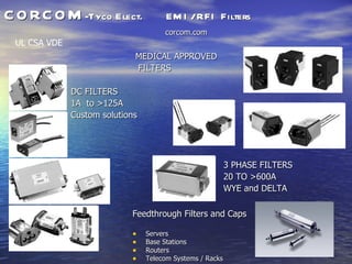 C O RC O M -Tyco Elect.                EM I / RFI Filters
                                      corcom.com
 UL CSA VDE
                             MEDICAL APPROVED
                             FILTERS

              DC FILTERS
              1A to >125A
              Custom solutions




                                                           3 PHASE FILTERS
                                                           20 TO >600A
                                                           WYE and DELTA

                            Feedthrough Filters and Caps

                            •    Servers
                            •    Base Stations
                            •    Routers
                            •    Telecom Systems / Racks
 