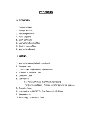 PRODUCTS


 DEPOSITS:


1. Current Account
2. Savings Account
3. Recurring Deposits
4. Fixed Deposits
5. Cash Certificate
6. Vashudhara Pension Plan
7. Monthly Income Plan
8. Vashudhara Deposit


 LOANS:


1. Vashudhara Awas Yojna (Home Loan)
2. Personal Loan
3. Loan for Self Employed and Professionals
4. Business or Industrial Loan
5. Consumer Loan
6. Vehicle Loan
      -   For Personal Vehicle (two Wheeler/Car Loan)
      -   For Commercial Loan – Vehicle using for commercial purpose.
7. Education Loan
8. Loan against N.S.C./K.V.P./ Gov. Security/ L.I.C. Policy
9. Mortgage Loan
10. Technology Up gradation Fund
 