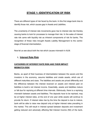 STAGE 1- IDENTIFICATION OF RISK


There are different types of risk faced by the bank. In this first stage bank tries to
identify those risk, which causes gap in Assets and Liabilities.


The uncertainty of interest rate movements gave rise to interest rate risk thereby
causing banks to look for processes to manage their risk. In the wake of interest
rate risk came with liquidity risk as inherent components of risk for banks. The
recognition of these risks brought Assets Liability Management to the centre-
stage of financial intermediation.


Now let us see about both the risk which causes mismatch in ALM.


   1. Interest Rate Risk


CATGORIES OF INTEREST RATE RISK AND THEIR IMPACT
MISMATCH RISK


Banks, as apart of their business of intermediation between the savers and the
investors in the economy, assume liabilities and create assets, which are of
different maturities and sizes. The liabilities and assets are priced differently and
the difference between the interest received on assets and interest paid on
liabilities is bank‟s net interest income. Essentially, assets and liabilities mature
or fall due for reprising at different time intervals. Obliviously, there is a reprising
mismatch between assets and liabilities. The deposits have to be reprised, may
be at higher interest rates, at the end of one year while assets will continue to
provide fix return. If interest rates rise by the time the deposit is due to mature,
bank will be able to raise new deposit only at higher interest rates prevailing in
the market. This will result in interest spread between deposits and investment
getting reduced and adversely affecting Net Interest Income (NII) of the bank.
 