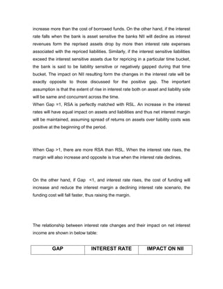 increase more than the cost of borrowed funds. On the other hand, if the interest
rate falls when the bank is asset sensitive the banks NII will decline as interest
revenues form the reprised assets drop by more then interest rate expenses
associated with the repriced liabilities. Similarly, if the interest sensitive liabilities
exceed the interest sensitive assets due for repricing in a particular time bucket,
the bank is said to be liability sensitive or negatively gapped during that time
bucket. The impact on NII resulting form the changes in the interest rate will be
exactly opposite to those discussed for the positive gap. The important
assumption is that the extent of rise in interest rate both on asset and liability side
will be same and concurrent across the time.
When Gap =1, RSA is perfectly matched with RSL. An increase in the interest
rates will have equal impact on assets and liabilities and thus net interest margin
will be maintained, assuming spread of returns on assets over liability costs was
positive at the beginning of the period.




When Gap >1, there are more RSA than RSL. When the interest rate rises, the
margin will also increase and opposite is true when the interest rate declines.




On the other hand, if Gap <1, and interest rate rises, the cost of funding will
increase and reduce the interest margin a declining interest rate scenario, the
funding cost will fall faster, thus raising the margin.




The relationship between interest rate changes and their impact on net interest
income are shown in below table:


           GAP                   INTEREST RATE                   IMPACT ON NII
 