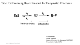 Title: Determining Rate Constant for Enzymatic Reactions 
Submitted By: 
Name: D.Sairam 
Course: Chemistry for Biologists ( BSBT 102) 
Presentation Code: U3P1 
Source: www.google.com/Enzymereaction 
 