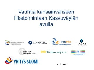 Vauhtia kansainväliseen
liiketoimintaan Kasvuväylän
            avulla




                 5.10.2012
 
