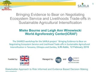 1
Bringing Evidence to Bear on Negotiating
Ecosystem Service and Livelihoods Trade-offs in
Sustainable Agricultural Intensification
Mieke Bourne and Leigh Ann Winowiecki
World Agroforestry Center(ICRAF)
Stakeholder Approach to Risk Informed and Evidence Based Decision Making
The SHARED workshop for the SAIRLA project ‘ Bringing Evidence to Bear on
Negotiating Ecosystem Service and Livelihood Trade-offs in Sustainable Agricultural
Intensification in Tanzania, Ethiopia and Zambia, ILRI Addis, 12 February 2019
 