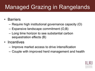 Managed Grazing in Rangelands
• Barriers
– Require high institutional governance capacity (O)
– Expansive landscape commitment (O,B)
– Long time horizon to see substantial carbon
sequestration effects (B)
• Incentives
– Improve market access to drive intensification
– Couple with improved herd management and health
 