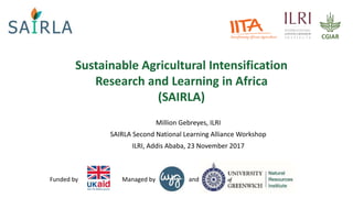 andManaged byFunded by
Sustainable Agricultural Intensification
Research and Learning in Africa
(SAIRLA)
Million Gebreyes, ILRI
SAIRLA Second National Learning Alliance Workshop
ILRI, Addis Ababa, 23 November 2017
 