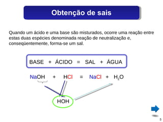 Quando um ácido e uma base são misturados, ocorre uma reação entre estas duas espécies denominada reação de neutralização e, conseqüentemente, forma-se um sal. BASE ÁCIDO SAL ÁGUA + + = Na OH H Cl Na Cl H 2 O + + = H OH Obtenção de sais 
