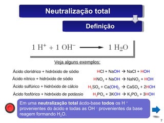 Veja alguns exemplos: Ácido clorídrico + hidróxido de sódio H NO 3  + Na OH     NaNO 3  +  H OH H Cl + Na OH     NaCl +  H OH H 2 SO 4  + Ca (OH) 2     CaSO 4  + 2 H OH H 3 PO 4  + 3K OH     K 3 PO 4  + 3 H OH Ácido nítrico + hidróxido de sódio Ácido sulfúrico + hidróxido de cálcio Ácido fosfórico + hidróxido de potássio Em uma  neutralização total  ácdo-base  todos  os H  +  provenientes do ácido e todas as OH  –  provenientes da base reagem formando H 2 O. Neutralização total Definição 