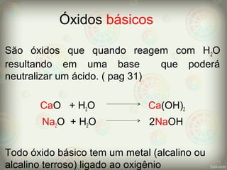 Óxidos básicos
São óxidos que quando reagem com H2O
resultando em uma base que poderá
neutralizar um ácido. ( pag 31)
CaO + H2O Ca(OH)2
Na2O + H2O 2NaOH
Todo óxido básico tem um metal (alcalino ou
alcalino terroso) ligado ao oxigênio
 