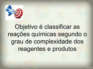 Objetivo é classificar as
reações químicas segundo o
grau de complexidade dos
reagentes e produtos
 