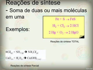 Reações de síntese
- Soma de duas ou mais moléculas
em uma
Exemplos:
Reações de síntese TOTAL
Reações de síntese Parcial
 