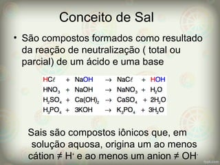 Conceito de Sal
• São compostos formados como resultado
da reação de neutralização ( total ou
parcial) de um ácido e uma base
Sais são compostos iônicos que, em
solução aquosa, origina um ao menos
cátion ≠ H+
e ao menos um anion ≠ OH-
 