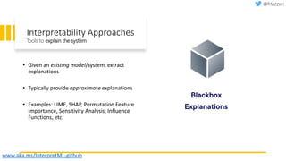 Interpretability Approaches
• Given an existing model/system, extract
explanations
• Typically provide approximate explanations
• Examples: LIME, SHAP, Permutation Feature
Importance, Sensitivity Analysis, Influence
Functions, etc.
Tools to explain the system
www.aka.ms/InterpretML-github
 