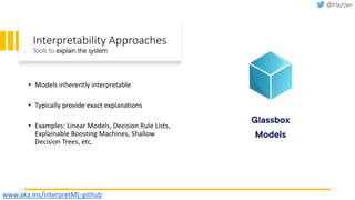 Interpretability Approaches
• Models inherently interpretable
• Typically provide exact explanations
• Examples: Linear Models, Decision Rule Lists,
Explainable Boosting Machines, Shallow
Decision Trees, etc.
Tools to explain the system
www.aka.ms/InterpretML-github
 