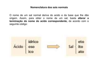 Nomenclatura dos sais normais
O nome de um sal normal deriva do acido e da base que lhe dão
origem. Assim, para obter o nome de um sal, basta alterar a
terminação do nome do acido correspondente, de acordo com o
seguinte código:
 