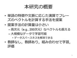 本研究の概要
• 単語の特徴や文脈に応じた演算でフレー
ズのベクトルを計算する手法を提案
• 提案手法の計算量は小さい
– 高次元（e.g., 200次元）なベクトルも扱える
– 大規模なデータで学習可能
• データスパースネスを解消できる
• 教師なし，教師あり，組み合わせで学習，
評価
5
 