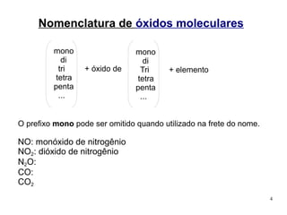 4
Nomenclatura de óxidos moleculares
mono
di
tri + óxido de
tetra
penta
...
mono
di
Tri + elemento
tetra
penta
...
O prefixo mono pode ser omitido quando utilizado na frete do nome.
NO: monóxido de nitrogênio
NO2: dióxido de nitrogênio
N2O:
CO:
CO2
 