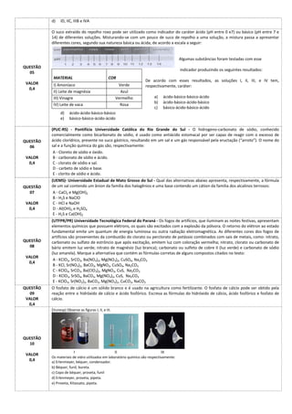 d)    ID, IIC, IIIB e IVA

          O suco extraído do repolho roxo pode ser utilizado como indicador do caráter ácido (pH entre 0 e7) ou básico (pH entre 7 e
          14) de diferentes soluções. Misturando-se com um pouco de suco de repolho a uma solução, a mistura passa a apresentar
          diferentes cores, segundo sua natureza básica ou ácida, de acordo a escala a seguir:


                                                                                         Algumas substâncias foram testadas com esse
QUESTÃO
                                                                                         indicador produzindo os seguintes resultados:
  05
           MATERIAL                              COR
                                                                   De acordo com esses resultados, as soluções I, II, III, e IV tem,
 VALOR     I) Amoníaco                                 Verde       respectivamente, caráter:
  0,4
           II) Leite de magnésia                        Azul
           III) Vinagre                               Vermelho           a)    ácido-básico-básico-ácido
                                                                         b)    ácido-básico-ácido-básico
           IV) Leite de vaca                            Rosa
                                                                         c)    básico-ácido-básico-ácido
                d)    ácido-ácido-básico-básico
                e)    básico-básico-ácido-ácido

          (PUC-RS) - Pontifícia Universidade Católica do Rio Grande do Sul - O hidrogeno-carbonato de sódio, conhecido
          comercialmente como bicarbonato de sódio, é usado como antiácido estomacal por ser capaz de reagir com o excesso de
QUESTÃO   ácido clorídrico, presente no suco gástrico, resultando em um sal e um gás responsável pela eructação (“arroto”). O nome do
  06      sal e a função química do gás são, respectivamente:
           A - Cloreto de sódio e óxido.
 VALOR     B - carbonato de sódio e ácido.
  0,4      C - clorato de sódio e sal.
           D - carbeto de sódio e base.
           E - clorito de sódio e ácido.
          (UEMS)- Universidade Estadual de Mato Grosso do Sul - Qual das alternativas abaixo apresenta, respectivamente, a fórmula
QUESTÃO   de um sal contendo um ânion da família dos halogênios e uma base contendo um cátion da família dos alcalinos terrosos:
  07       A - CaCl2 e Mg(OH)2
           B - H2S e NaClO
 VALOR     C - HCl e NaOH
  0,4      D - Al(OH)3 e H2SO4
           E - H2S e Ca(OH)2
          (UTFPR/PR) Universidade Tecnológica Federal do Paraná - Os fogos de artifícios, que iluminam as noites festivas, apresentam
          elementos químicos que possuem elétrons, os quais são excitados com a explosão da pólvora. O retorno do elétron ao estado
          fundamental emite um quantum de energia luminosa ou outra radiação eletromagnética. As diferentes cores dos fogos de
          artifícios são provenientes da combustão do clorato ou perclorato de potássio combinados com sais de metais, como: nitrato,
QUESTÃO   carbonato ou sulfato de estrôncio que após excitação, emitem luz com coloração vermelha; nitrato, clorato ou carbonato de
  08      bário emitem luz verde; nitrato de magnésio (luz branca); carbonato ou sulfeto de cobre II (luz verde) e carbonato de sódio
          (luz amarela). Marque a alternativa que contém as fórmulas corretas de alguns compostos citados no texto:
 VALOR
           A - KClO3, SrCO3, Ba(NO3)2, Mg(NO3)2, CuSO4, Na2CO3
  0,4
           B - KCl, Sr(NO3)2, BaCO3, MgNO3, CuSO4, Na2CO3
           C - KClO4, SrCO3, Ba(ClO3)2, MgNO3, CuS, Na2CO3
           D - KClO3, SrSO4, BaCO3, Mg(NO3)2, CuS, Na2CO3
           E - KClO3, Sr(NO2)2, BaCO3, Mg(NO3)2, CuCO3, NaCO3
QUESTÃO   O fosfato de cálcio é um sólido branco e é usado na agricultura como fertilizante. O fosfato de cálcio pode ser obtido pela
   09     reação entre o hidróxido de cálcio e ácido fosfórico. Escreva as fórmulas do hidróxido de cálcio, ácido fosfórico e fosfato de
 VALOR    cálcio.
  0,4
          (Vunesp) Observe as figuras I, II, e III.




QUESTÃO
  10
                         I                            II                      III
 VALOR
          Os materiais de vidro utilizados em laboratório químico são respectivamente:
  0,4     a) Erlenmeyer, béquer, condensador.
          b) Béquer, funil, bureta.
          c) Copo de béquer, proveta, funil
          d) Erlenmeyer, proveta, pipeta.
          e) Proveta, Kitassato, pipeta.
 