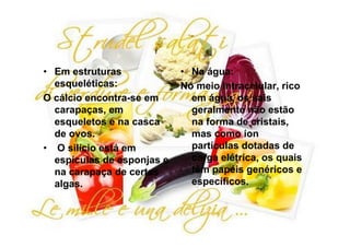 • Em estruturas             • Na água:
  esqueléticas:             No meio intracelular, rico
O cálcio encontra-se em       em água, os sais
  carapaças, em               geralmente não estão
  esqueletos e na casca       na forma de cristais,
  de ovos.                    mas como íon
• O silício está em           partículas dotadas de
  espículas de esponjas e     carga elétrica, os quais
  na carapaça de certas       têm papéis genéricos e
  algas.                      específicos.
 