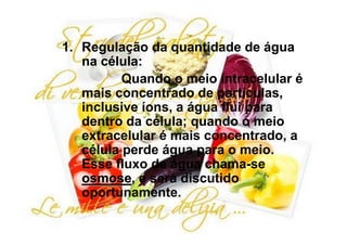 1. Regulação da quantidade de água
   na célula:
          Quando o meio intracelular é
   mais concentrado de partículas,
   inclusive íons, a água flui para
   dentro da célula; quando o meio
   extracelular é mais concentrado, a
   célula perde água para o meio.
   Esse fluxo de água chama-se
   osmose, e será discutido
   osmose
   oportunamente.
 