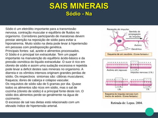 Sódio é um eletrólito importante para a transmissão
nervosa, contração muscular e equilíbrio de fluidos no
organismo. Corredores participando de maratonas devem
prestar atenção na reposição de sódio para evitar a
hiponatremia. Muito sódio na dieta pode levar à hipertensão
em pessoas com predisposição genética.
Principais fontes: sal, azeite e alimentos processados.
O Sódio é o principal íon extracelular. Tem um papel
importante na manutenção do equilíbrio ácido-básico e da
pressão osmótica do líquido extracelular. O suor é rico em
cloreto de sódio e assim uma sudação excessiva e repetida
pode levar a deficit destes sais minerais no organismo. A
diarreia e os vômitos intensos originam grandes perdas de
sódio. Os respectivos sintomas são: cãibras musculares;
fraqueza; dores de cabeça e colapso vascular.
Os requisitos de sódio são de 5 gramas por dia. Quase
todos os alimentos são ricos em sódio, mas o sal de
cozinha (cloreto de sódio) é a principal fonte deste íon. O
sódio dos alimentos perde-se geralmente na água de
cozimento .
O excesso de sal nas dietas está relacionado com um
elevado índice de hipertensão arterial.
SAIS MINERAISSAIS MINERAIS
Sódio - NaSódio - Na
 