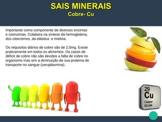 Importante como componente de diversos enzimas
e coenzimas. Colabora na síntese da hemoglobina,
dos citocromos, da elástica e mielina.
Os requisitos diários de cobre são de 2,0mg. Existe
praticamente em todos os alimentos. Os casos de
déficit de cobre não são devidos a falta de cobre no
organismo mas sim a diminuição da sua proteína de
transporte no sangue (ceruplasmina).
SAIS MINERAISSAIS MINERAIS
Cobre- CuCobre- Cu
 