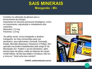Contribui na utilização da glicose para o
fornecimento de energia.
Importante em diversos processos fisiológicos, como
no crescimento, reprodução e metabolismo dos
nutrientes.
Masculino: 2,3 mg
Feminino: 1,8 mg
“As pilhas secas: zinco-manganês e alcalina-
manganês, as mais consumidas para uso
doméstico, seus fabricantes: Duracell, Eveready,
Kodak, Microlite (Rayovac), Panasonic e Philips, têm
operado nos limites estabelecidos pelo artigo 6º da
Resolução 257. Podem ir ao lixo doméstico, além
desses tipos de pilhas, estão as baterias de níquel-
metal-hidreto, de lítio tipo botão e miniatura, lítio-íon
e zinco-ar.” Você acha isso correto?
FONTE: ambientebrasil.com.br
SAIS MINERAISSAIS MINERAIS
Manganês - MnManganês - Mn
 