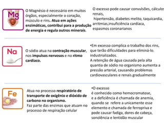 O Magnésio é necessário em muitos
órgãos, especialmente o coração,
músculo e rins. Atua em ações
enzimáticas, contribui para a produção
de energia e regula outros minerais.
O excesso pode causar convulsões, cálculos
renais,
hipertensão, diabetes melito, taquicardia,
arritmias,insuficiência cardíaca,
espasmos coronarianos
O sódio atua na contração muscular,
nos impulsos nervosos e no ritmo
cardíaco.
•Em excesso complica o trabalho dos rins,
que terão dificuldades para eliminá-lo.
industrializados.
A retenção de água causada pela alta
quantia de sódio no organismo aumenta a
pressão arterial, causando problemas
cardiovasculares e renais gradualmente
Atua no processo respiratório de
transporte de oxigênio e dióxido de
carbono no organismo.
Faz parte das enzimas que atuam no
processo de respiração celular
•O excesso
é conhecido como hemocromatose,
e a deficiência é chamada de anemia,
quando se refere a unicamente esse
elemento e chamada de ferropriva e
pode causar fadiga, dores de cabeça,
sonolência e lentidão muscular
 