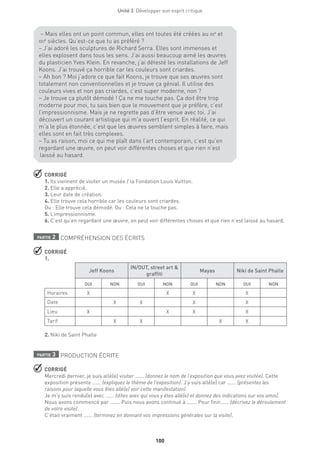 100
Unité 3  Développer son esprit critique
 CORRIGÉ
1. Ils viennent de visiter un musée / la Fondation Louis Vuitton. 
2. Elle a apprécié.
3. Leur date de création.
4. Elle trouve cela horrible car les couleurs sont criardes.
Ou : Elle trouve cela démodé. Ou : Cela ne la touche pas.
5. L’impressionnisme.
6. C’est qu’en regardant une œuvre, on peut voir différentes choses et que rien n’est laissé au hasard.
partie 2 COMPRÉHENSION DES ÉCRITS
 CORRIGÉ
1.
Jeff Koons
IN/OUT, street art 
graffiti
Mayas Niki de Saint Phalle
oui non oui non oui non oui non
Horaires X X X X
Date X X X X
Lieu X X X X
Tarif X X X X
2. Niki de Saint Phalle
partie 3 PRODUCTION ÉCRITE
 CORRIGÉ
Mercredi dernier, je suis allé(e) visiter ...... (donnez le nom de l’exposition que vous avez visitée). Cette
exposition présente ...... (expliquez le thème de l’exposition). J’y suis allé(e) car ...... (présentez les
raisons pour laquelle vous êtes allé(e) voir cette manifestation).
Je m’y suis rendu(e) avec ...... (dites avec qui vous y êtes allé(e) et donnez des indications sur vos amis).
Nous avons commencé par ....... Puis nous avons continué à ....... Pour finir...... (décrivez le déroulement
de votre visite).
C’était vraiment ...... (terminez en donnant vos impressions générales sur la visite).
– Mais elles ont un point commun, elles ont toutes été créées au xxe
et
xxie
siècles. Qu’est-ce que tu as préféré ?
– J’ai adoré les sculptures de Richard Serra. Elles sont immenses et
elles explosent dans tous les sens. J’ai aussi beaucoup aimé les œuvres
du plasticien Yves Klein. En revanche, j’ai détesté les installations de Jeff
Koons. J’ai trouvé ça horrible car les couleurs sont criardes.
– Ah bon ? Moi j’adore ce que fait Koons, je trouve que ses œuvres sont
totalement non conventionnelles et je trouve ça génial. Il utilise des
couleurs vives et non pas criardes, c’est super moderne, non ?
– Je trouve ça plutôt démodé ! Ça ne me touche pas. Ça doit être trop
moderne pour moi, tu sais bien que le mouvement que je préfère, c’est
l’impressionnisme. Mais je ne regrette pas d’être venue avec toi. J’ai
découvert un courant artistique qui m’a ouvert l’esprit. En réalité, ce qui
m’a le plus étonnée, c’est que les œuvres semblent simples à faire, mais
elles sont en fait très complexes.
– Tu as raison, moi ce qui me plaît dans l’art contemporain, c’est qu’en
regardant une œuvre, on peut voir différentes choses et que rien n’est
laissé au hasard.
 