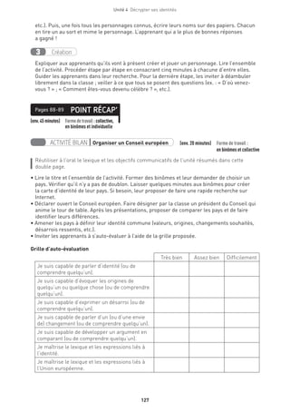 Unité 4  Décrypter ses identités
127
etc.). Puis, une fois tous les personnages connus, écrire leurs noms sur des papiers. Chacun
en tire un au sort et mime le personnage. L’apprenant qui a le plus de bonnes réponses
a gagné !
Création3
Expliquer aux apprenants qu’ils vont à présent créer et jouer un personnage. Lire l’ensemble
de l’activité. Procéder étape par étape en consacrant cinq minutes à chacune d’entre elles.
Guider les apprenants dans leur recherche. Pour la dernière étape, les inviter à déambuler
librement dans la classe ; veiller à ce que tous se posent des questions (ex. : « D’où venez-
vous ? » ; « Comment êtes-vous devenu célèbre ? », etc.).
(env.45minutes) Formedetravail :collective,
en binômes et individuelle
POINT RÉCAP’Pages 88-89
ACTIVITÉ BILAN | Organiser un Conseil européen  (env. 20 minutes) Forme de travail :
en binômes et collective
Réutiliser à l’oral le lexique et les objectifs communicatifs de l’unité résumés dans cette
double page.
• Lire le titre et l’ensemble de l’activité. Former des binômes et leur demander de choisir un
pays. Vérifier qu’il n’y a pas de doublon. Laisser quelques minutes aux binômes pour créer
la carte d’identité de leur pays. Si besoin, leur proposer de faire une rapide recherche sur
Internet.
• Déclarer ouvert le Conseil européen. Faire désigner par la classe un président du Conseil qui
anime le tour de table. Après les présentations, proposer de comparer les pays et de faire
identifier leurs différences.
• Amener les pays à définir leur identité commune (valeurs, origines, changements souhaités,
désarrois ressentis, etc.).
• Inviter les apprenants à s’auto-évaluer à l’aide de la grille proposée.
Grille d’auto-évaluation
Très bien Assez bien Difficilement
Je suis capable de parler d’identité (ou de
comprendre quelqu’un).
Je suis capable d’évoquer les origines de
quelqu’un ou quelque chose (ou de comprendre
quelqu’un).
Je suis capable d’exprimer un désarroi (ou de
comprendre quelqu’un).
Je suis capable de parler d’un (ou d’une envie
de) changement (ou de comprendre quelqu’un).
Je suis capable de développer un argument en
comparant (ou de comprendre quelqu’un).
Je maîtrise le lexique et les expressions liés à
l’identité.
Je maîtrise le lexique et les expressions liés à
l’Union européenne.
 