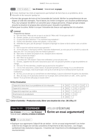 152
Unité 5  Vivre une révolution
C’EST À VOUS ! (env.30 minutes)  Formedetravail :en groupes
À l’oral, réutiliser les mots et expressions permettant de faire face à un problème, de le
résoudre et de rassurer quelqu’un.
• Former des groupes de trois et lire l’ensemble de l’activité. Vérifier la compréhension de ses
étapes à l’aide des exemples. Tout d’abord, les inviter à imaginer une situation problématique.
Puis, leur proposer de définir un caractère pour chaque personne. Chaque groupe analyse
ensuite la situation et propose des solutions pour résoudre le problème.
• Faire jouer la scène. Veiller à ce que l’intonation de chacun soit appropriée à la situation.
 CORRIGÉ
Proposition de réponse
A. – Oh mon Dieu ! Mais qu’est-ce que tu as fais là ? Mon ordi !! Il est plein de café !
B. – Pardon, pardon, je suis vraiment désolé !
C. – Tu pourrais faire attention ! T’es vraiment trop maladroit !
A. – Toutes mes données, toutes mes photos, c’est la cata...
B. – Attendez les gars, pas de panique ! Essayons d’éponger le clavier et de le sécher avec un sèche-
cheveux.
C. – Est-ce que ton ordi est encore sous garantie ?
A. – Je ne sais plus, il faut que je vérifie, mais bien évidemment, je crois que je l’ai acheté il y a plus de
deux ans. Grr ! Je crois que je vais me mettre à pleurer !
B. – Bon voilà, le clavier est propre et sec. Essayons de le rallumer.
C. – Allez croisons les doigts !
B. – Aïe ! Rien ne se passe !
A. – J’en étais sûr ! Oh noooon ! Sans mon ordinateur, je ne suis plus rien.
C. – Écoute, j’appelle tout de suite l’assurance pour voir s’ils peuvent prendre ce type de problème en
charge.
A. – Oh la la ! Et mes données, j’espère que je pourrai les récupérer !
C. – J’ai eu mon assurance, j’avais raison, ils peuvent prendre ça en charge. Il y a une démarche
à suivre un peu longue, mais le principal c’est qu’ils m’ont dit qu’ils te rembourseront le prix de
l’ordinateur.
B. – Et moi, j’ai un ami qui s’y connaît bien en informatique, il pourra sûrement récupérer tes données.
A. – Bon, du coup, on ne peut plus avancer sur le projet, alors sortons boire un café… enfin, sauf toi
Daniel ! Tu es privé de café jusqu’à nouvel ordre !
Grille d’évaluation
Capacité à faire face à un problème et à le résoudre 0 0,5 1 1,5 2 2,5 3
Capacité à rassurer 0 0,5 1 1,5 2 2,5
Capacité à exprimer sa colère 0 0,5 1 1,5 2
Grammaire et vocabulaire 0 0,5 1 1,5
Phonétique 0 0,5 1
Cahier d’activités – Production orale, Gérer une situation de crise : 28 à 30 p. 61
S’EXPRIMERPages 104-105 ATELIER D’ÉCRITURE
Écrire un essai argumentatif(env. 45 minutes + C’est à vous ! env. 30 minutes) 
Forme de travail : collective, en binômes et individuelle
En un clin d’œil !1
• Expliquer aux apprenants l’objectif de cet atelier : écrire un essai argumentatif. Les inviter
à décrire les images (on voit des caractères d’imprimerie et des neurones ; ces images
symbolisent des évolutions majeures : l’invention de l’imprimerie et le développement des
neurosciences).
 