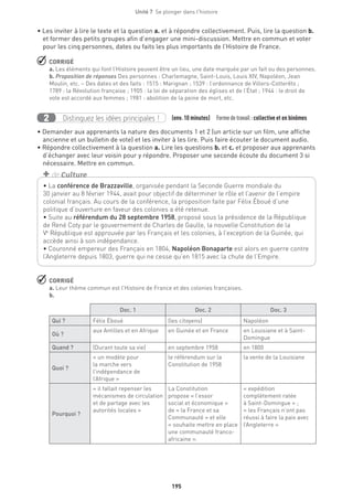 195
Unité 7  Se plonger dans l'histoire
• Les inviter à lire le texte et la question a. et à répondre collectivement. Puis, lire la question b.
et former des petits groupes afin d’engager une mini-discussion. Mettre en commun et voter
pour les cinq personnes, dates ou faits les plus importants de l’Histoire de France.
 CORRIGÉ
a. Les éléments qui font l’Histoire peuvent être un lieu, une date marquée par un fait ou des personnes.
b. Proposition de réponses Des personnes : Charlemagne, Saint-Louis, Louis XIV, Napoléon, Jean
Moulin, etc. – Des dates et des faits : 1515 : Marignan ; 1539 : l’ordonnance de Villers-Cotterêts ;
1789 : la Révolution française ; 1905 : la loi de séparation des églises et de l’État ; 1944 : le droit de
vote est accordé aux femmes ; 1981 : abolition de la peine de mort, etc.
Distinguez les idées principales !2 (env. 10 minutes)  Formedetravail :collective et en binômes
• Demander aux apprenants la nature des documents 1 et 2 (un article sur un film, une affiche
ancienne et un bulletin de vote) et les inviter à les lire. Puis faire écouter le document audio.
• Répondre collectivement à la question a. Lire les questions b. et c. et proposer aux apprenants
d’échanger avec leur voisin pour y répondre. Proposer une seconde écoute du document 3 si
nécessaire. Mettre en commun.
 CORRIGÉ
a. Leur thème commun est l’Histoire de France et des colonies françaises.
b.
Doc. 1 Doc. 2 Doc. 3
Qui ? Félix Éboué  (les citoyens)  Napoléon
Où ?
aux Antilles et en Afrique en Guinée et en France  en Louisiane et à Saint-
Domingue 
Quand ? (Durant toute sa vie) en septembre 1958 en 1800 
Quoi ?
« un modèle pour
la marche vers
l’indépendance de
l’Afrique »
le référendum sur la
Constitution de 1958
la vente de la Louisiane
Pourquoi ?
« il fallait repenser les
mécanismes de circulation
et de partage avec les
autorités locales »
La Constitution
propose « l’essor
social et économique »
de « la France et sa
Communauté » et elle
« souhaite mettre en place
une communauté franco-
africaine ».
« expédition
complètement ratée
à Saint-Domingue » ;
« les Français n’ont pas
réussi à faire la paix avec
l’Angleterre »
• La conférence de Brazzaville, organisée pendant la Seconde Guerre mondiale du
30 janvier au 8 février 1944, avait pour objectif de déterminer le rôle et l’avenir de l’empire
colonial français. Au cours de la conférence, la proposition faite par Félix Éboué d’une
politique d’ouverture en faveur des colonies a été retenue.
• Suite au référendum du 28 septembre 1958, proposé sous la présidence de la République
de René Coty par le gouvernement de Charles de Gaulle, la nouvelle Constitution de la
Ve
 République est approuvée par les Français et les colonies, à l’exception de la Guinée, qui
accède ainsi à son indépendance.
• Couronné empereur des Français en 1804, Napoléon Bonaparte est alors en guerre contre
l’Angleterre depuis 1803, guerre qui ne cesse qu’en 1815 avec la chute de l’Empire.
+ de Culture
 