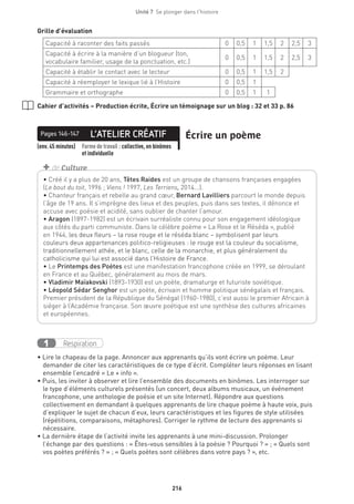 216
Unité 7  Se plonger dans l'histoire
Grille d’évaluation
Capacité à raconter des faits passés 0 0,5 1 1,5 2 2,5 3
Capacité à écrire à la manière d’un blogueur (ton,
vocabulaire familier, usage de la ponctuation, etc.)
0 0,5 1 1,5 2 2,5 3
Capacité à établir le contact avec le lecteur 0 0,5 1 1,5 2
Capacité à réemployer le lexique lié à l’Histoire 0 0,5 1
Grammaire et orthographe 0 0,5 1 1
Cahier d’activités – Production écrite, Écrire un témoignage sur un blog : 32 et 33 p. 86
L’ATELIER CRÉATIFPages 146-147 Écrire un poème
(env. 45 minutes) Forme de travail : collective, en binômes
et individuelle
Respiration1
• Lire le chapeau de la page. Annoncer aux apprenants qu’ils vont écrire un poème. Leur
demander de citer les caractéristiques de ce type d’écrit. Compléter leurs réponses en lisant
ensemble l’encadré « Le + info ».
• Puis, les inviter à observer et lire l’ensemble des documents en binômes. Les interroger sur
le type d’éléments culturels présentés (un concert, deux albums musicaux, un événement
francophone, une anthologie de poésie et un site Internet). Répondre aux questions
collectivement en demandant à quelques apprenants de lire chaque poème à haute voix, puis
d’expliquer le sujet de chacun d’eux, leurs caractéristiques et les figures de style utilisées
(répétitions, comparaisons, métaphores). Corriger le rythme de lecture des apprenants si
nécessaire.
• La dernière étape de l’activité invite les apprenants à une mini-discussion. Prolonger
l’échange par des questions : « Êtes-vous sensibles à la poésie ? Pourquoi ? » ; « Quels sont
vos poètes préférés ? » ; « Quels poètes sont célèbres dans votre pays ? », etc.
• Créé il y a plus de 20 ans, Têtes Raides est un groupe de chansons françaises engagées
(Le bout du toit, 1996 ; Viens ! 1997, Les Terriens, 2014...).
• Chanteur français et rebelle au grand cœur, Bernard Lavilliers parcourt le monde depuis
l’âge de 19 ans. Il s’imprègne des lieux et des peuples, puis dans ses textes, il dénonce et
accuse avec poésie et acidité, sans oublier de chanter l’amour.
• Aragon (1897-1982) est un écrivain surréaliste connu pour son engagement idéologique
aux côtés du parti communiste. Dans le célèbre poème « La Rose et le Réséda », publié
en 1944, les deux fleurs – la rose rouge et le réséda blanc – symbolisent par leurs
couleurs deux appartenances politico-religieuses : le rouge est la couleur du socialisme,
traditionnellement athée, et le blanc, celle de la monarchie, et plus généralement du
catholicisme qui lui est associé dans l’Histoire de France.
• Le Printemps des Poètes est une manifestation francophone créée en 1999, se déroulant
en France et au Québec, généralement au mois de mars.
• Vladimir Maïakovski (1893-1930) est un poète, dramaturge et futuriste soviétique.
• Léopold Sédar Senghor est un poète, écrivain et homme politique sénégalais et français.
Premier président de la République du Sénégal (1960-1980), c’est aussi le premier Africain à
siéger à l’Académie française. Son œuvre poétique est une synthèse des cultures africaines
et européennes.
+ de Culture
 