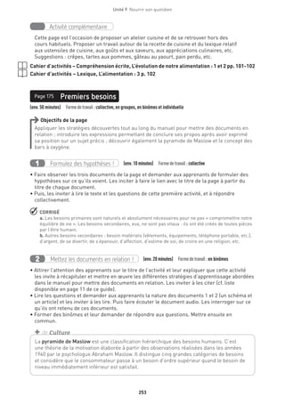 253
Unité 9  Nourrir son quotidien
Activité complémentaire
Cette page est l’occasion de proposer un atelier cuisine et de se retrouver hors des
cours habituels. Proposer un travail autour de la recette de cuisine et du lexique relatif
aux ustensiles de cuisine, aux goûts et aux saveurs, aux appréciations culinaires, etc.
Suggestions : crêpes, tartes aux pommes, gâteau au yaourt, pain perdu, etc.
Cahier d’activités – Compréhension écrite, L’évolution de notre alimentation : 1 et 2 pp. 101-102
Cahier d’activités – Lexique, L’alimentation : 3 p. 102
(env. 50 minutes)  Formedetravail :collective, en groupes, en binômes et individuelle
Premiers besoinsPage 175
Objectifs de la page
Appliquer les stratégies découvertes tout au long du manuel pour mettre des documents en
relation ; introduire les expressions permettant de conclure ses propos après avoir exprimé
sa position sur un sujet précis ; découvrir également la pyramide de Maslow et le concept des
bars à oxygène.
Formulez des hypothèses !1 (env. 10 minutes)  Formedetravail :collective
• Faire observer les trois documents de la page et demander aux apprenants de formuler des
hypothèses sur ce qu’ils voient. Les inciter à faire le lien avec le titre de la page à partir du
titre de chaque document.
• Puis, les inviter à lire le texte et les questions de cette première activité, et à répondre
collectivement.
 CORRIGÉ
a. Les besoins primaires sont naturels et absolument nécessaires pour ne pas « compromettre notre
équilibre de vie ». Les besoins secondaires, eux, ne sont pas vitaux : ils ont été créés de toutes pièces
par l’être humain.
b. Autres besoins secondaires : besoin matériels (vêtements, équipements, téléphone portable, etc.),
d’argent, de se divertir, de s’épanouir, d’affection, d’estime de soi, de croire en une religion, etc.
Mettez les documents en relation !2 (env. 20 minutes)  Formedetravail :en binômes
• Attirer l’attention des apprenants sur le titre de l’activité et leur expliquer que cette activité
les invite à récapituler et mettre en œuvre les différentes stratégies d’apprentissage abordées
dans le manuel pour mettre des documents en relation. Les inviter à les citer (cf. liste
disponible en page 11 de ce guide).
• Lire les questions et demander aux apprenants la nature des documents 1 et 2 (un schéma et
un article) et les inviter à les lire. Puis faire écouter le document audio. Les interroger sur ce
qu’ils ont retenu de ces documents.
• Former des binômes et leur demander de répondre aux questions. Mettre ensuite en
commun.
La pyramide de Maslow est une classification hiérarchique des besoins humains. C’est
une théorie de la motivation élaborée à partir des observations réalisées dans les années
1940 par le psychologue Abraham Maslow. Il distingue cinq grandes catégories de besoins
et considère que le consommateur passe à un besoin d’ordre supérieur quand le besoin de
niveau immédiatement inférieur est satisfait.
+ de Culture
 