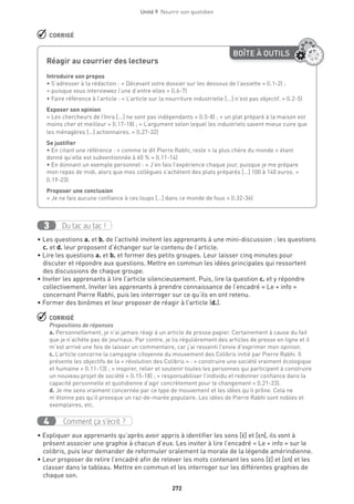 272
Unité 9  Nourrir son quotidien
 CORRIGÉ
Du tac au tac !3
• Les questions a. et b. de l’activité invitent les apprenants à une mini-discussion ; les questions
c. et d. leur proposent d’échanger sur le contenu de l’article.
• Lire les questions a. et b. et former des petits groupes. Leur laisser cinq minutes pour
discuter et répondre aux questions. Mettre en commun les idées principales qui ressortent
des discussions de chaque groupe.
• Inviter les apprenants à lire l’article silencieusement. Puis, lire la question c. et y répondre
collectivement. Inviter les apprenants à prendre connaissance de l’encadré « Le + info »
concernant Pierre Rabhi, puis les interroger sur ce qu’ils en ont retenu.
• Former des binômes et leur proposer de réagir à l’article (d.).
 CORRIGÉ
Propositions de réponses
a. Personnellement, je n’ai jamais réagi à un article de presse papier. Certainement à cause du fait
que je n’achète pas de journaux. Par contre, je lis régulièrement des articles de presse en ligne et il
m’est arrivé une fois de laisser un commentaire, car j’ai ressenti l’envie d’exprimer mon opinion.
c. L’article concerne la campagne citoyenne du mouvement des Colibris initié par Pierre Rabhi. Il
présente les objectifs de la « révolution des Colibris » : « construire une société vraiment écologique
et humaine » (l.11-13) ; « inspirer, relier et soutenir toutes les personnes qui participent à construire
un nouveau projet de société » (l.15-18) ; « responsabiliser l’individu et redonner confiance dans la
capacité personnelle et quotidienne d’agir concrètement pour le changement » (l.21-23).
d. Je me sens vraiment concernée par ce type de mouvement et les idées qu’il prône. Cela ne
m’étonne pas qu’il provoque un raz-de-marée populaire. Les idées de Pierre Rabhi sont nobles et
exemplaires, etc.
Comment ça s’écrit ?4
• Expliquer aux apprenants qu’après avoir appris à identifier les sons [E·] et [En], ils vont à
présent associer une graphie à chacun d’eux. Les inviter à lire l’encadré « Le + info » sur le
colibris, puis leur demander de reformuler oralement la morale de la légende amérindienne.
• Leur proposer de relire l’encadré afin de relever les mots contenant les sons [E·] et [En] et les
classer dans le tableau. Mettre en commun et les interroger sur les différentes graphies de
chaque son.
BOÎTE À OUTILS
Réagir au courrier des lecteurs	
Introduire son propos
• S’adresser à la rédaction : « Décevant votre dossier sur les dessous de l’assiette » (l.1-2) ;
« puisque vous interviewez l’une d’entre elles » (l.6-7)
• Faire référence à l’article : « L’article sur la nourriture industrielle [...] n’est pas objectif. » (l.2-5)
Exposer son opinion
« Les chercheurs de l’Inra [...] ne sont pas indépendants » (l.5-8) ; « un plat préparé à la maison est
moins cher et meilleur » (l.17-18) ; « L’argument selon lequel les industriels savent mieux cuire que
les ménagères […] actionnaires. » (l.27-32)
Se justifier
• En citant une référence : « comme le dit Pierre Rabhi, reste « la plus chère du monde » étant
donné qu’elle est subventionnée à 60 % » (l.11-14)
• En donnant un exemple personnel : « J’en fais l’expérience chaque jour, puisque je me prépare
mon repas de midi, alors que mes collègues s’achètent des plats préparés […] 100 à 140 euros. »
(l.19-23)
Proposer une conclusion
« Je ne fais aucune confiance à ces loups […] dans ce monde de fous » (l.32-36)
 